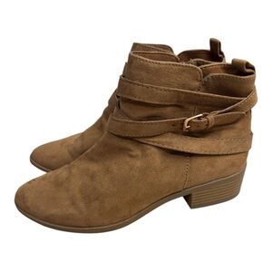 SUN+STONE Tan Suede Ankle Boots Saandis Memory Foam Block Heel Size 8.5